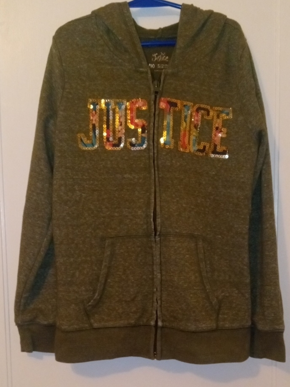 Justice Girls 8/10 Green Sequin Logo Zip Hoodie